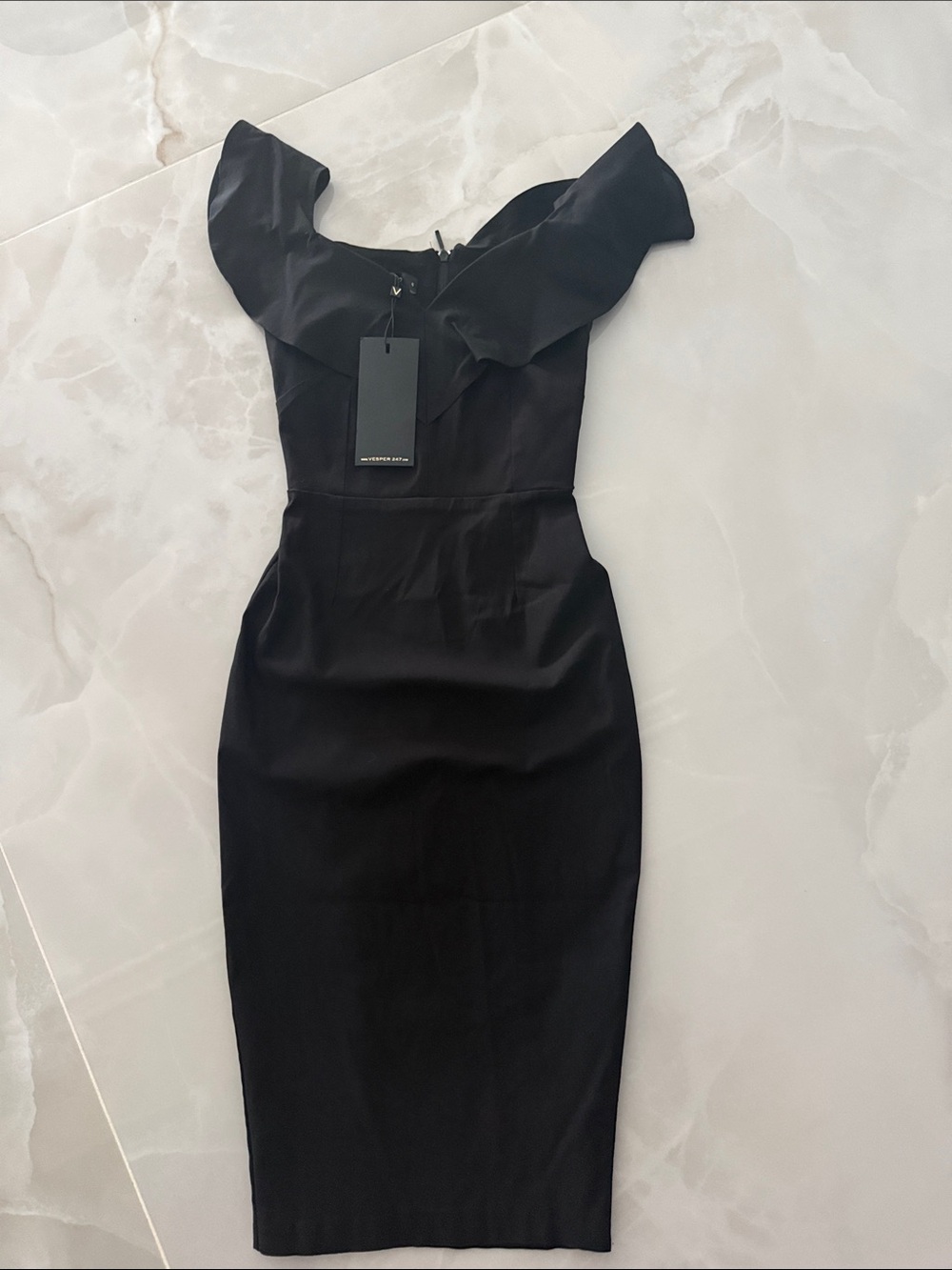 Vesper Black Midi Dress with Ruffle Neckline